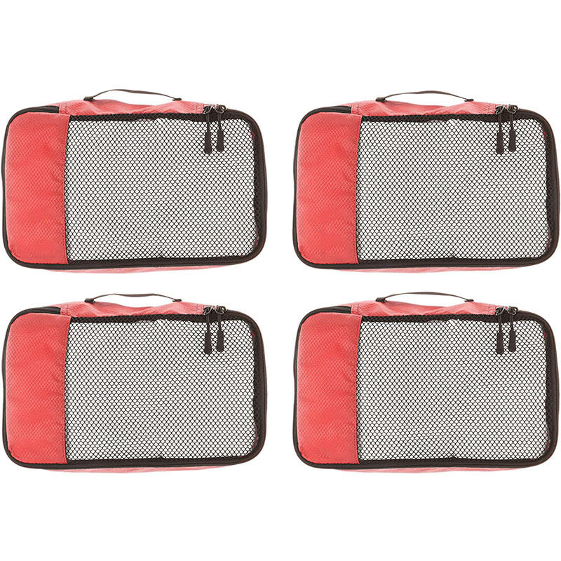 Multifunktionales rotes Damen-4-teiliges Mesh-Gepäck-Schuhaufbewahrungs-Organizer-Taschenset Reiseverpackungswürfel für Kleidung