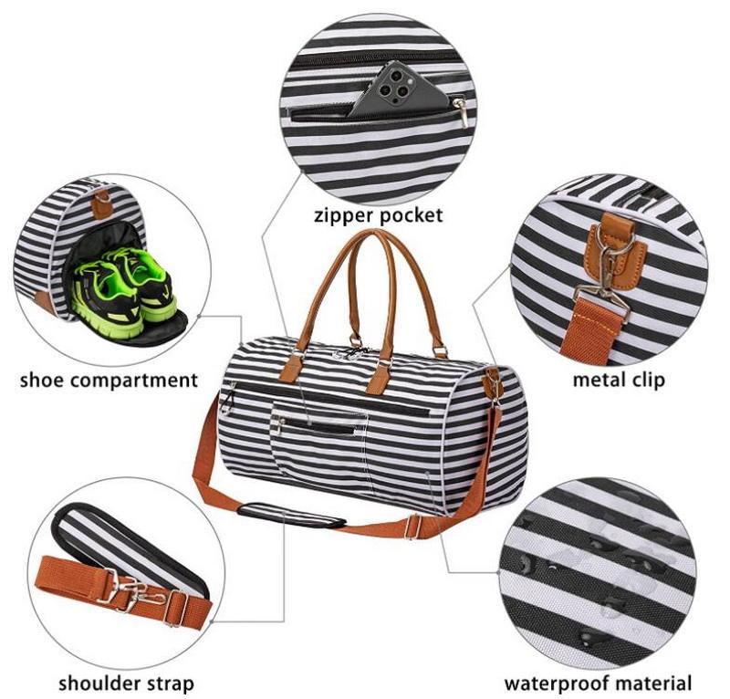 Luxuriöse gestreifte Sportduffle Travel Weekender Bags Leder Sportduffle Bag mit Schuhfach für Damen und Herren