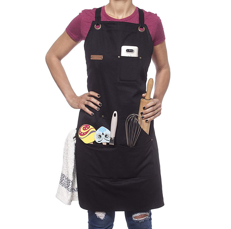 2020 Logo Kundenspezifische Küchenschürze, Jeans-Barbershop-Kaffeeschürze, Baumwollsegeltuch-Schwarz-Kochschürzen mit Taschen