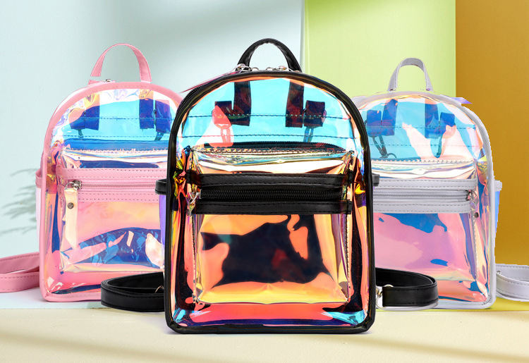 Customized Cute Clear Kinderrucksack Mädchen PVC Tasche Transparent Bagpack Mädchen Mini Holographic Rucksack mit Ledertasche
