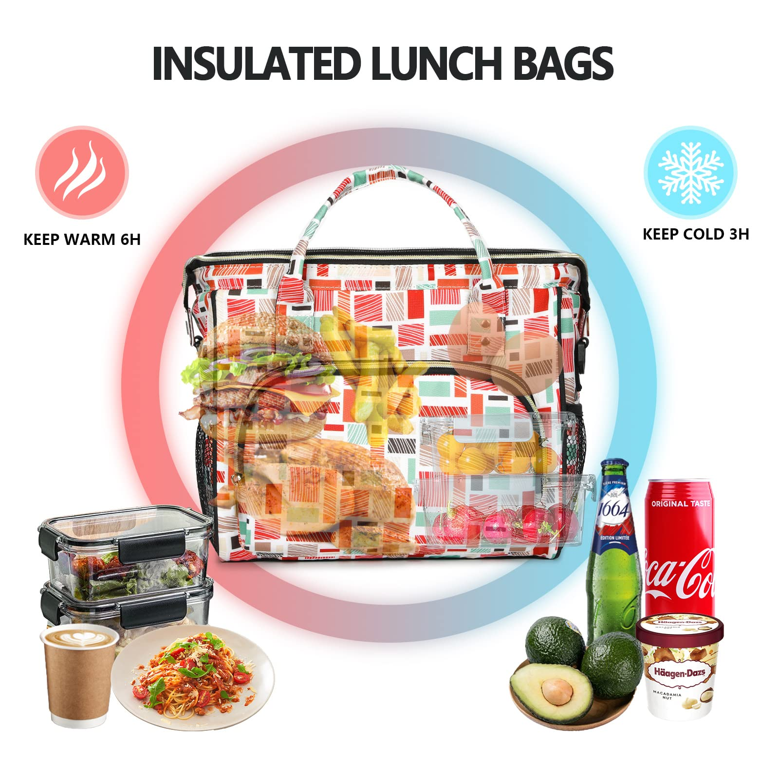 Isolierte, wiederverwendbare Damen-Kühltasche für Mittagessen, auslaufsicher, mit Schultergurt für Arbeit, Schule, Büro, Picknick, Strand