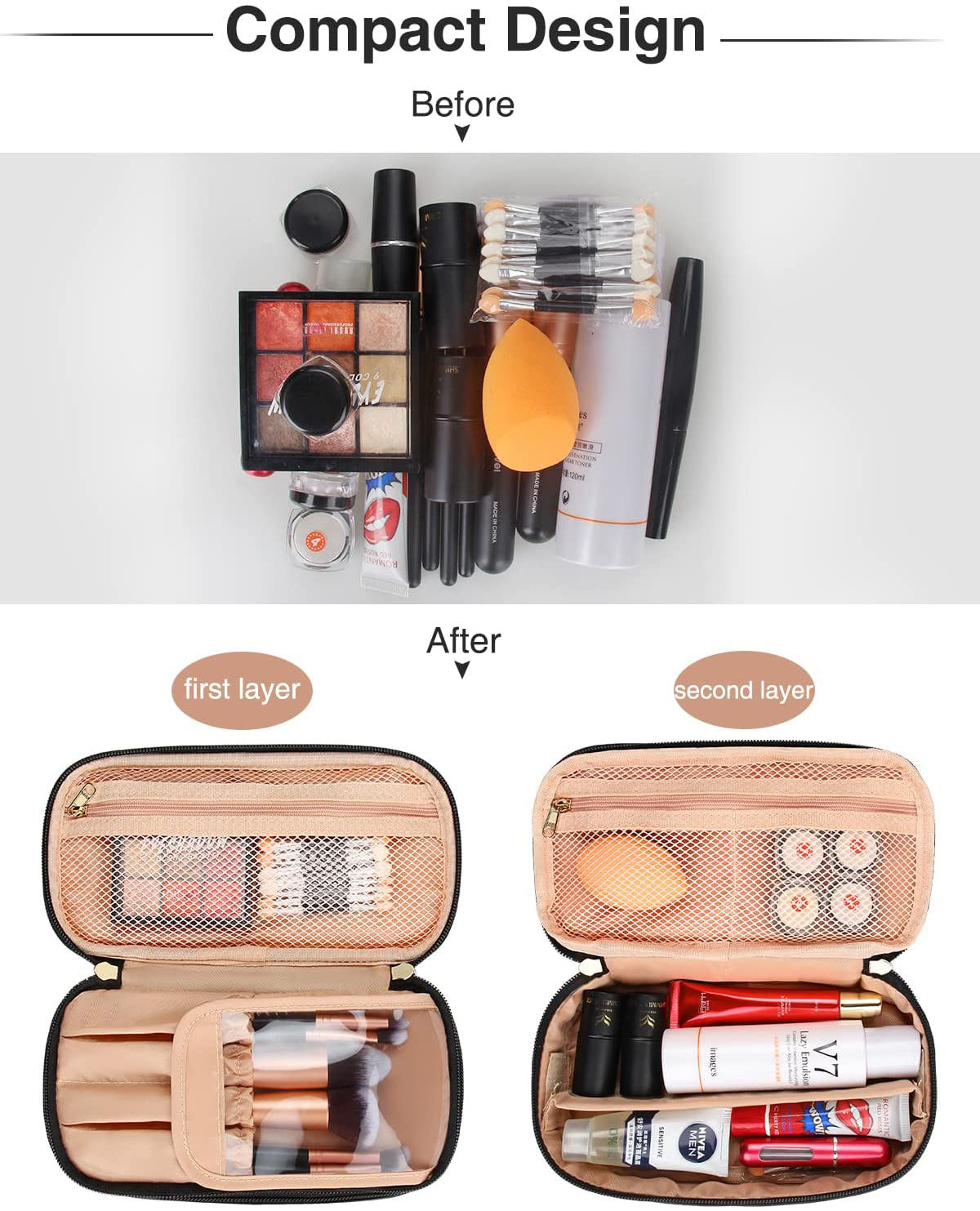 Kosmetiktasche für Damen, 2-lagig, Reise-Make-up-Organizer, Geldbörse, kompakte Kapazität für den täglichen Gebrauch, Make-up-Pinselhalter