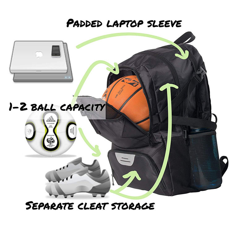 Leichter Fußball-Volleyball-Basketball-Fußball-Rucksack mit Ballfach einschließlich Schuhplatten-Ballhalter-Design