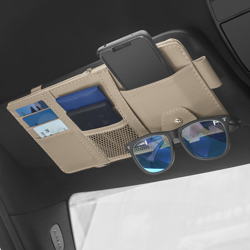 Auto Organizer Leder Auto Sonnenblende Bill Card CD Handyhalter Sonnenbrillen Clip Sonnenblende Aufbewahrungstasche mit Reißverschluss Aufbewahrungsbox