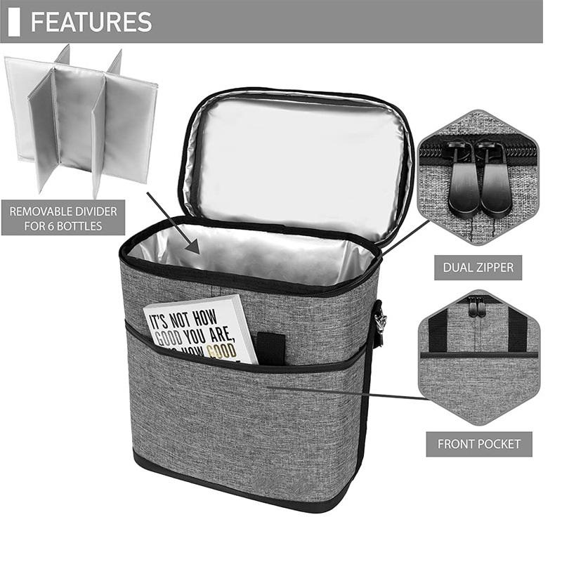 Grau Große Kapazität 6 Flaschen Aluminiumfolie Kühler Reißverschlusstasche Isolierte Weinbeutel Handtaschen Thermo-Organizer