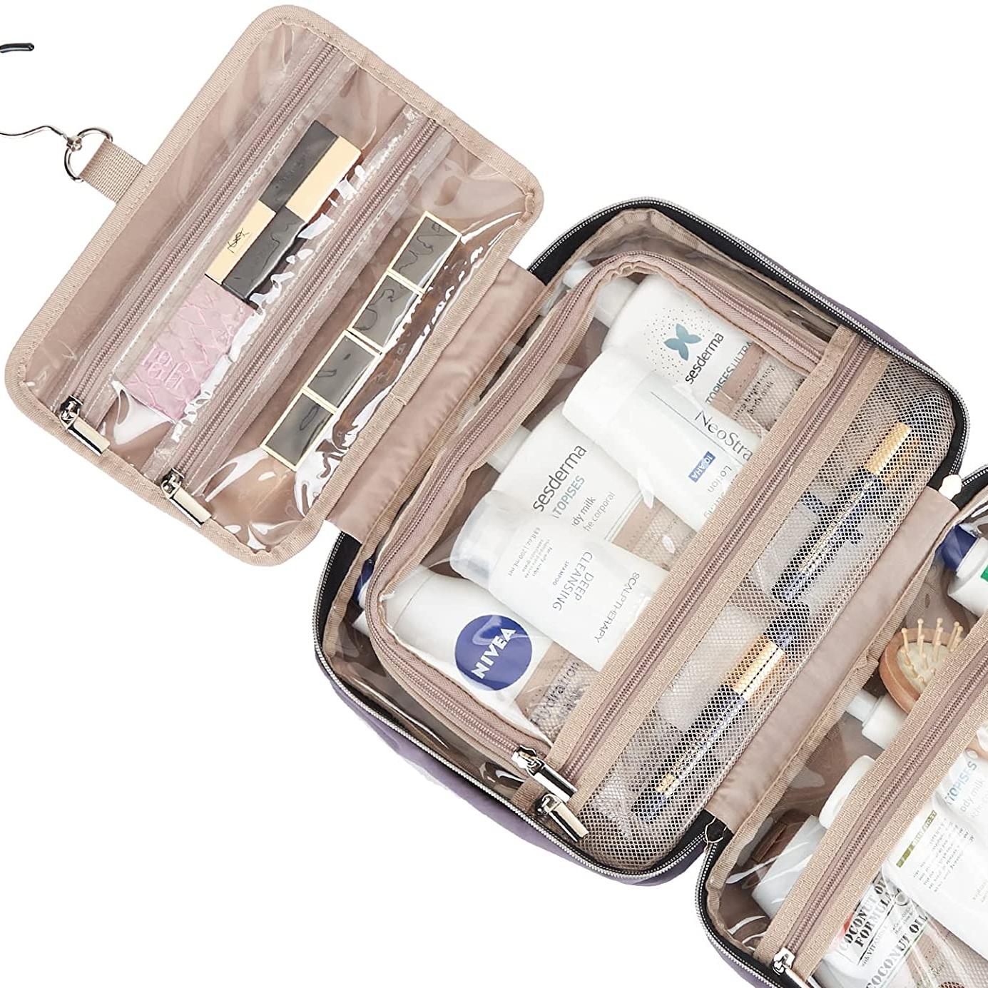 Rosa Reise-Make-up-Tasche mit individuellem Logo, wasserdichte Kulturbeutel, große Kapazität, Kosmetik-Organizer, Make-up-Halter mit Haken zum Aufhängen