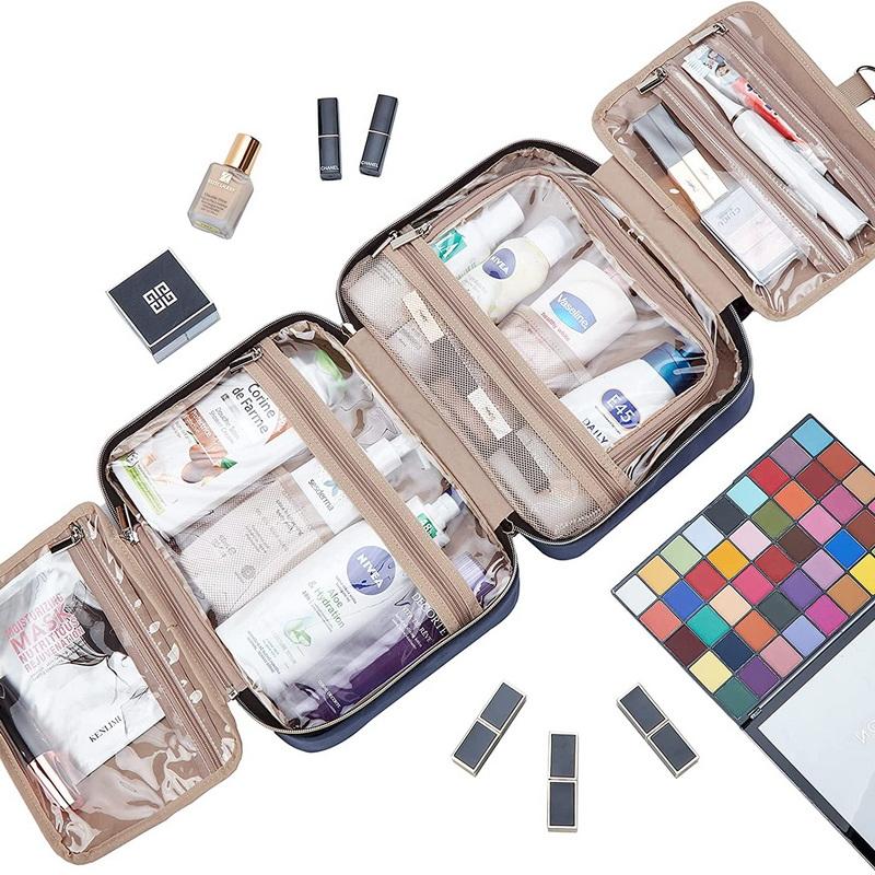 Blauer Reise-Organizer mit großem Fassungsvermögen, aufhängbarer Kulturbeutel, professionelle Make-up-Tasche, wasserdichte Kosmetiktaschen mit Haken zum Aufhängen