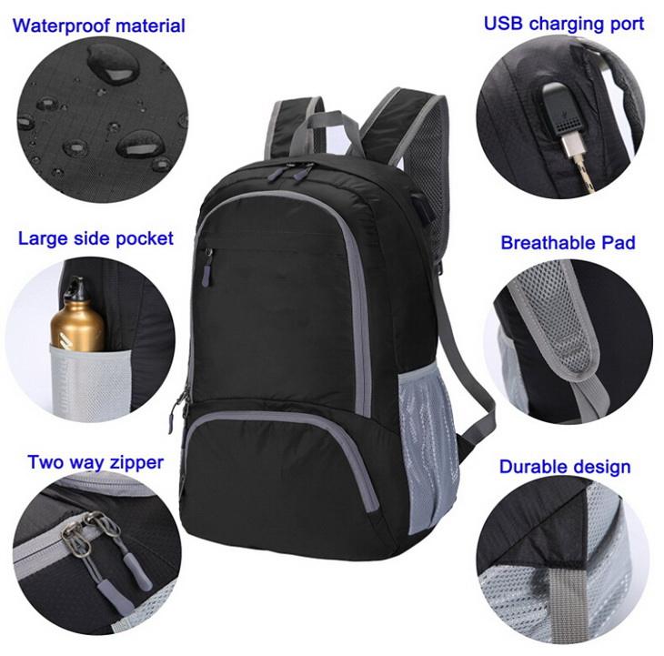 Wasserdichter, leichter, faltbarer, verstaubarer USB-Rucksack für Reisen und Wandern