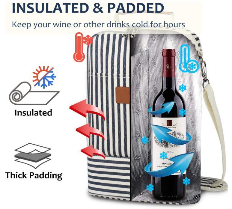 Maßgeschneiderte Weinkühler-Träger-Thermotasche auslaufsicheres Reisepicknick 2 Flaschen isolierte Weintasche