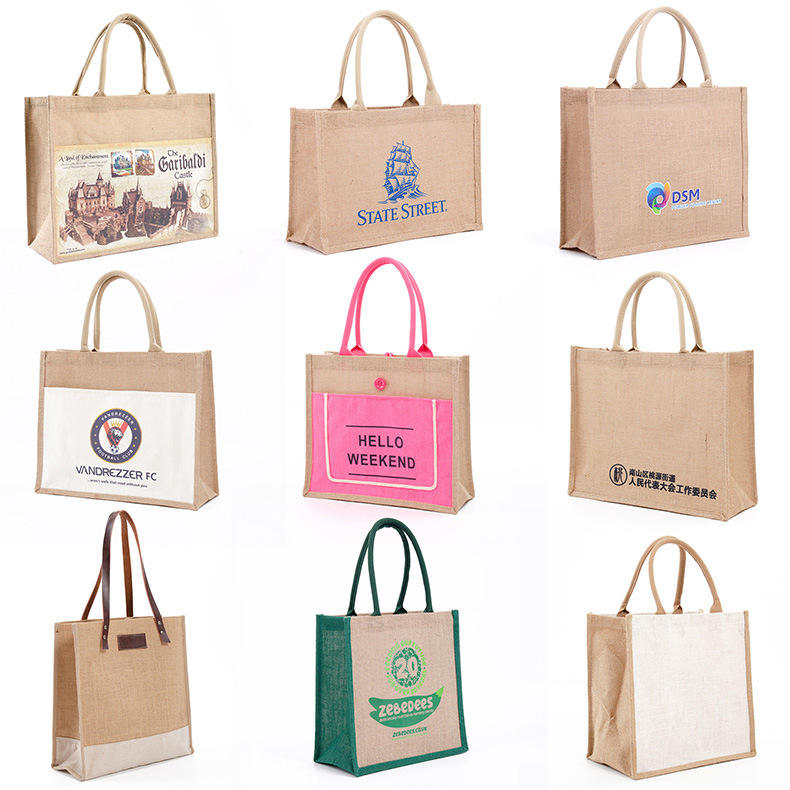 Günstige benutzerdefinierte Logo natürliche Jute Geschenktaschen wiederverwendbare Lebensmitteleinkaufstaschen Sackleinen Tragetaschen Jute