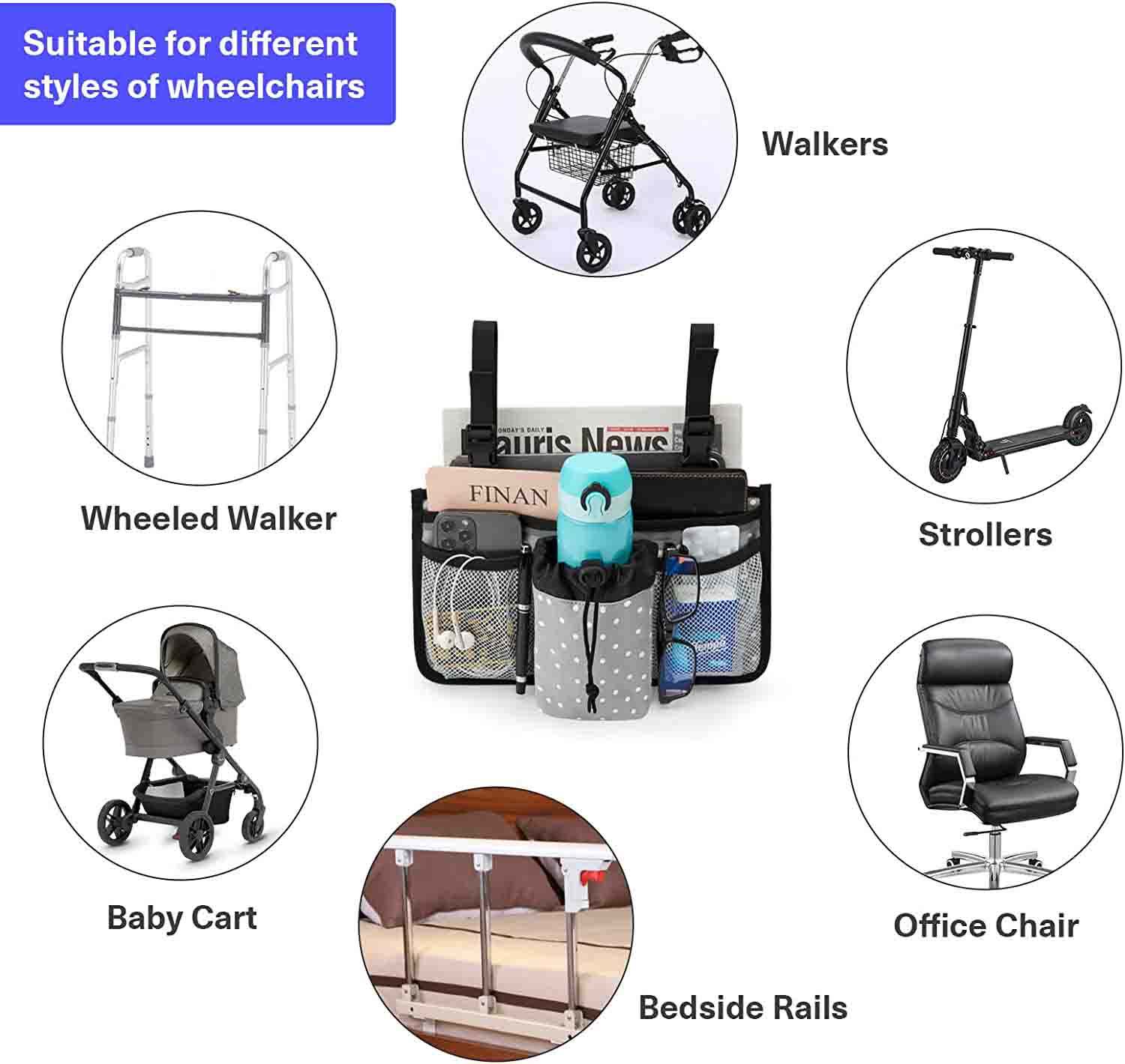 Verstellbare Oxford Walker Rollstuhltasche Aufbewahrungstasche mit Getränkehalter für ältere Senioren Großhandel
