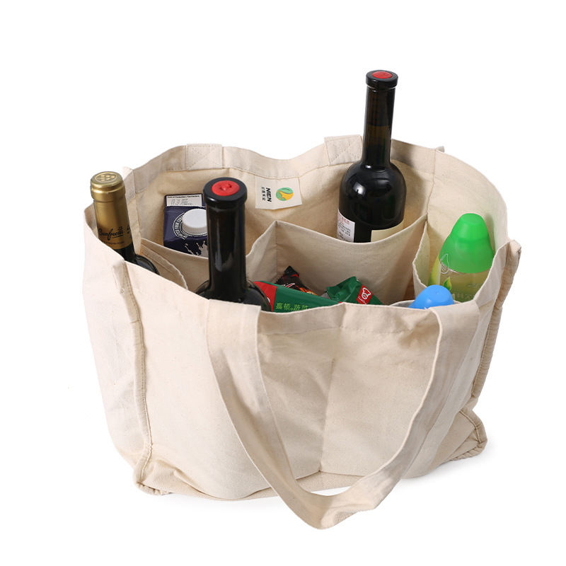 Öko-Einkaufstasche aus recycelter Baumwolle mit 6 Innentaschen, strapazierfähige, wiederverwendbare Einkaufstaschen, waschbare Stoff-Strandtasche