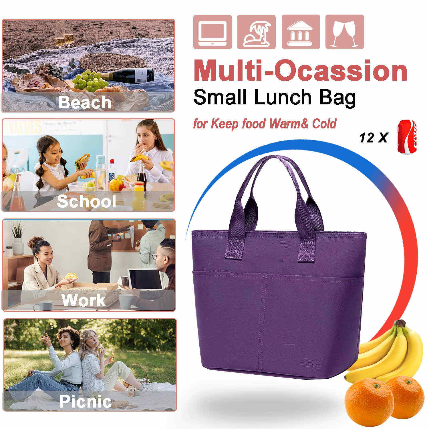 Große Damen-Lunchtaschen, Lunchbox-Tasche, auslaufsicher, isolierte Lunch-Geldbörse für College, Arbeit, Picknick, Wandern, Strand